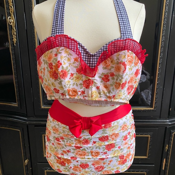 SugarDolls Swim High Waisted Bikini Floral Retro Bathing suit gingham halter top - Picture 4 of 8